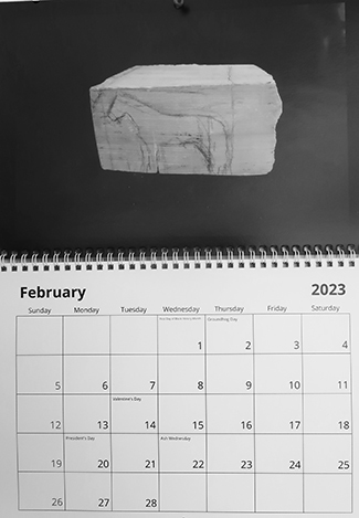 February 2023 calendar with horse drawing on alabaster